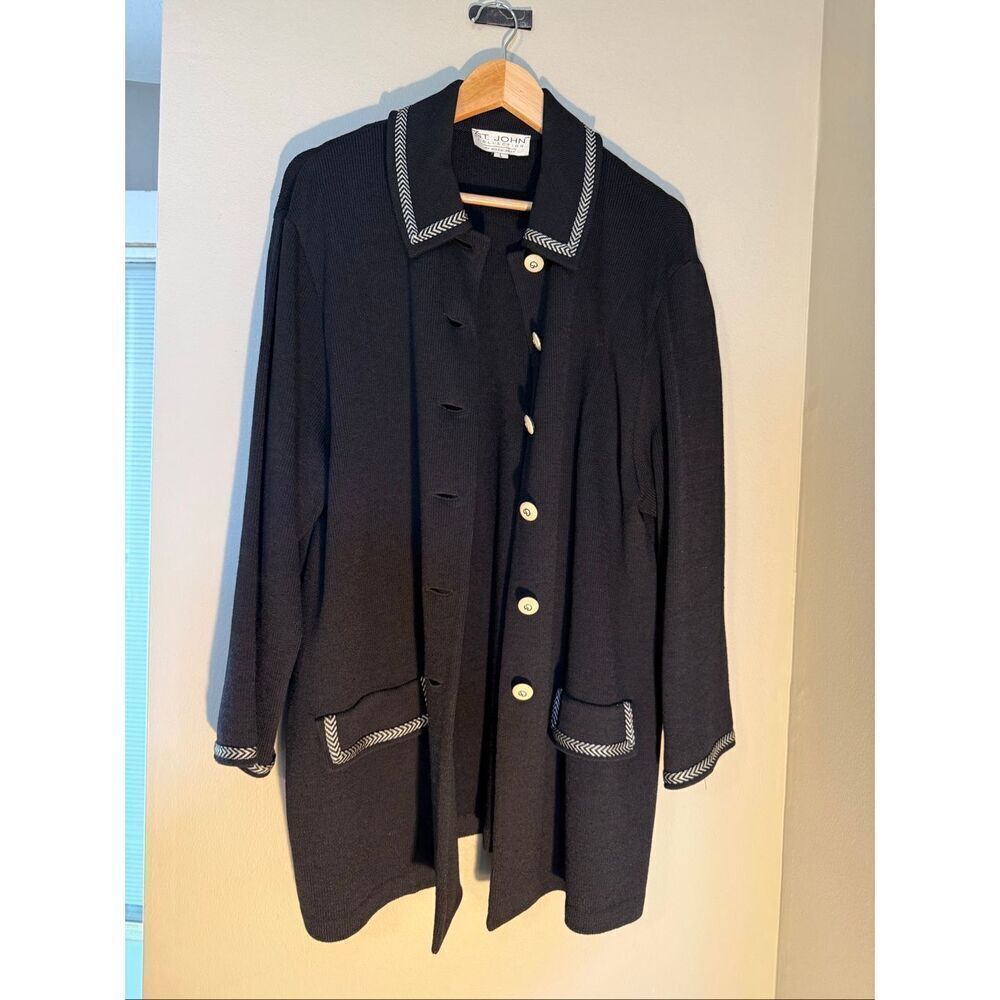 St. John Size L Santana Knit Longline Blazer Jacket Black Old Money Quiet Luxury - Picture 13 of 15